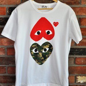 T163 COMME DES GARCONS Play WHITE T-SHIRT Red Camo Double Heart & Patch Youth XL